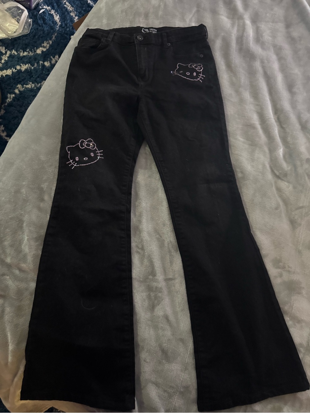 Hello Kitty Black Jeans with Pink Embroidered Faces